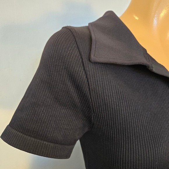 OQQ Black Ribbed Knit Polo Dress Short Sleeve Bodycon Snap Mini Casual Women Lrg - Picture 5 of 8